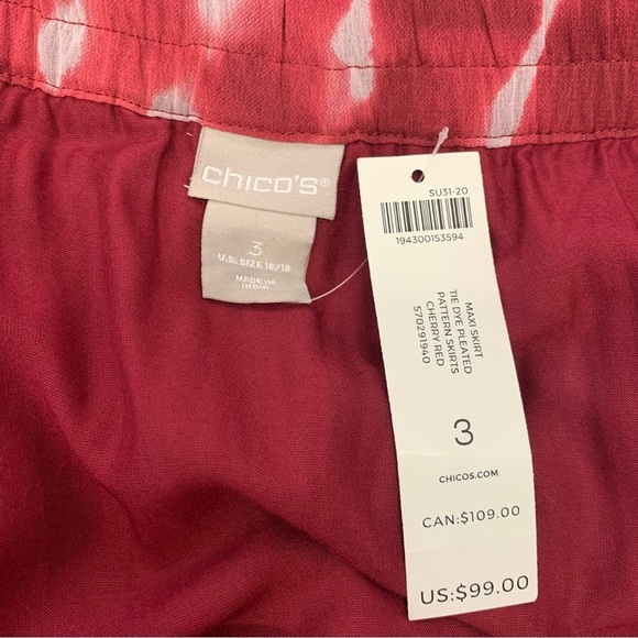 Chicos 3 Maxi Skirt US 16/18 Pull On  Pleated Cherry Red Print  Lined Boho Flowy - Picture 10 of 13